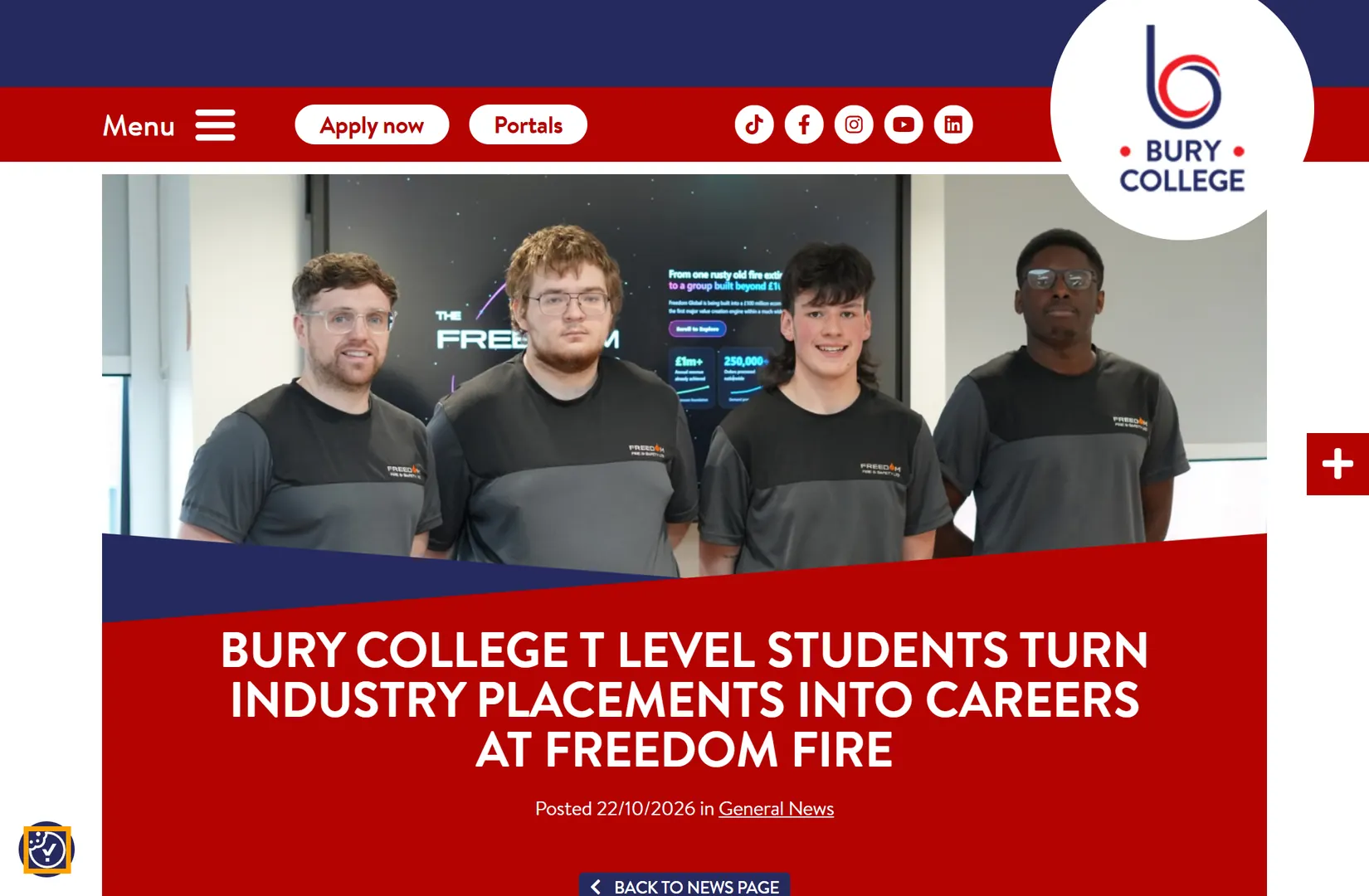 Bury College's news page: Bury College T Level students turn industry placements into careers at Freedom Fire