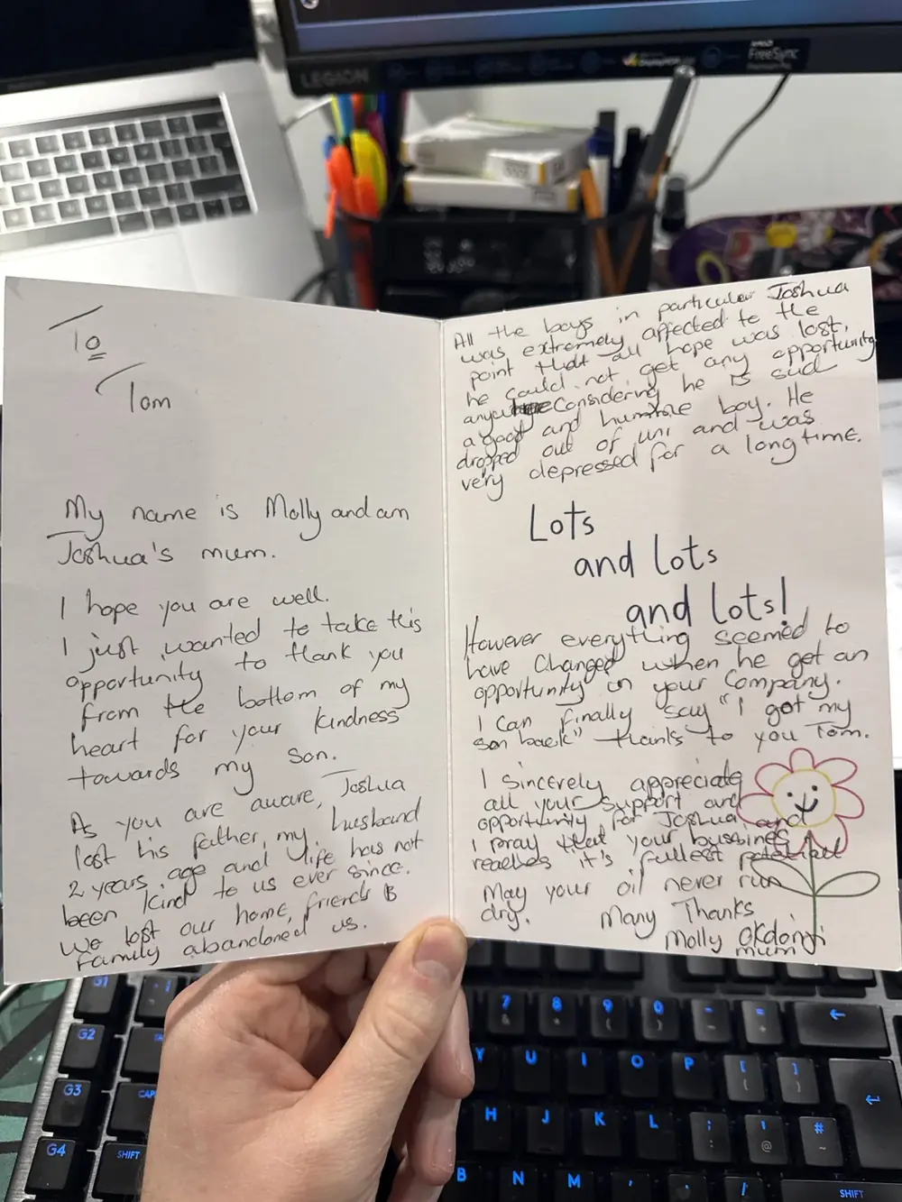 The inside of the card, handwritten by Molly, thanking Tom for the opportunity given to her son