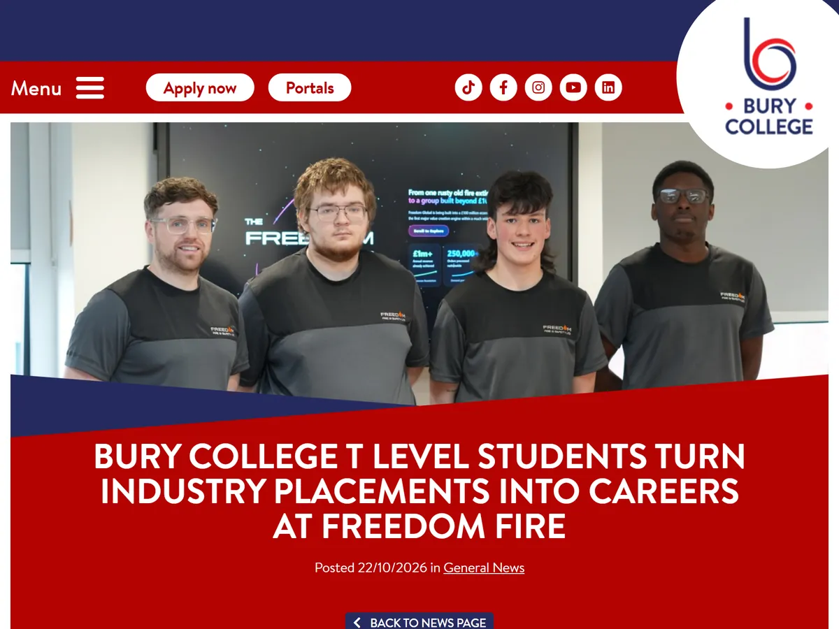 Bury College's news page: T Level students turn industry placements into careers at Freedom Fire