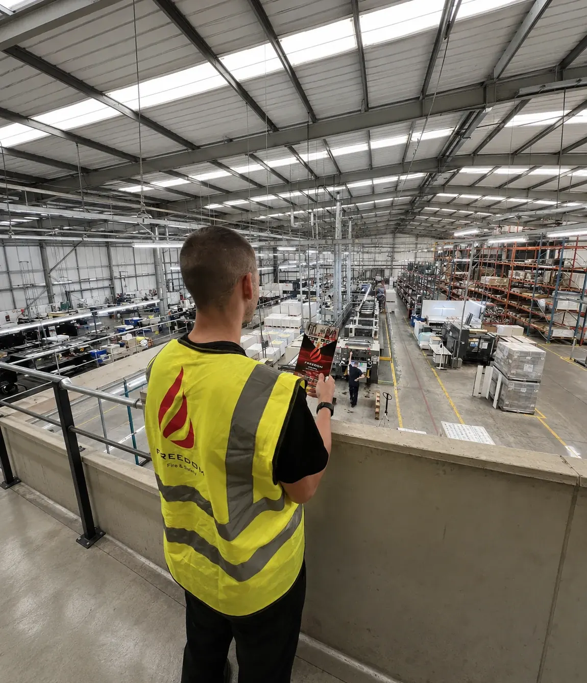 An engineer in a hi-vis vest on a customer site